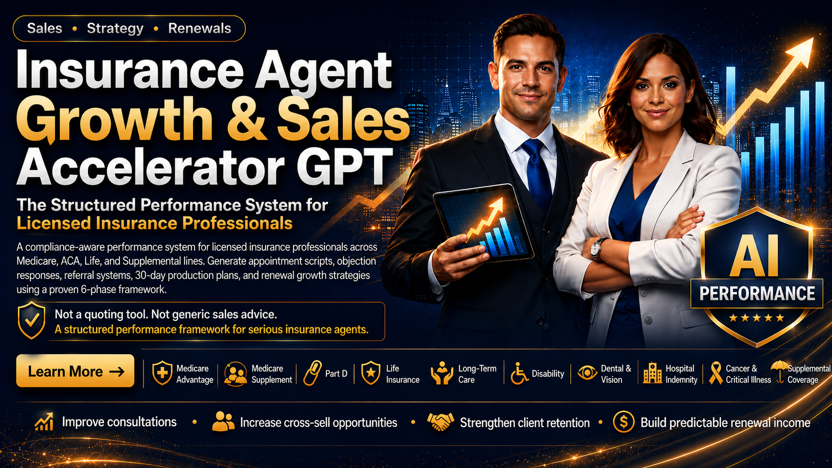 Insurance Agent Growth and Sales Accelerator GPT wide hero banner for licensed insurance professionals focused on sales, strategy, and renewals